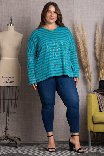 WOODLAWN BROWN STRIPPED & SPARKLED ALL OVER PLUS SIZE TOP-B5570X