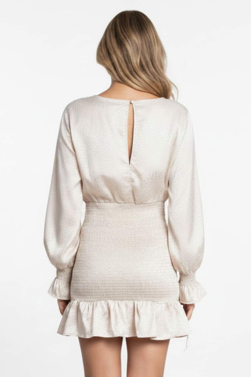 JACQUARD SATIN SMOCKED LONG SLEEVE MINI DRESS SS8264-