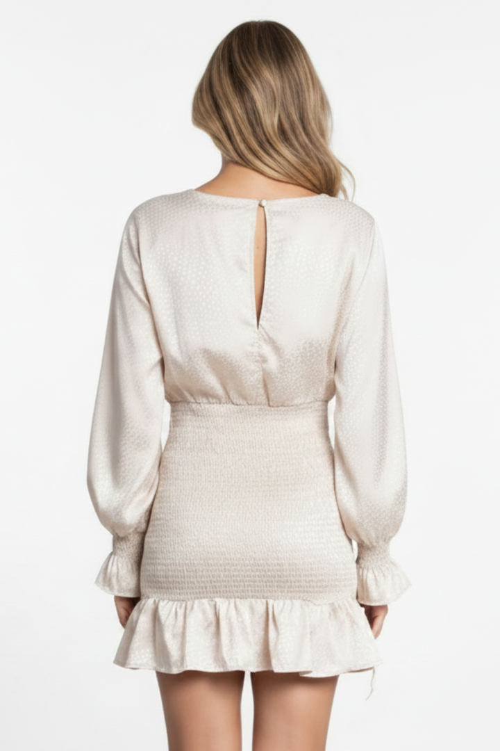 JACQUARD SATIN SMOCKED LONG SLEEVE MINI DRESS SS8264-