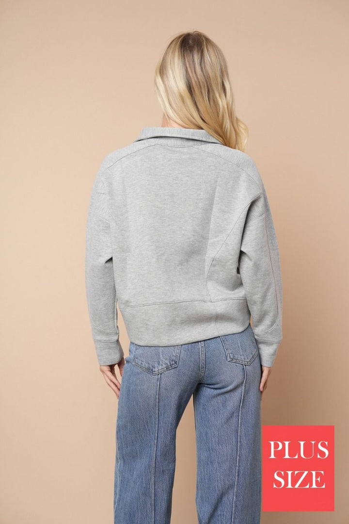 LONG SLEEVE PLUS SIZE SOLID KNIT COLLAR FEATURING TOP