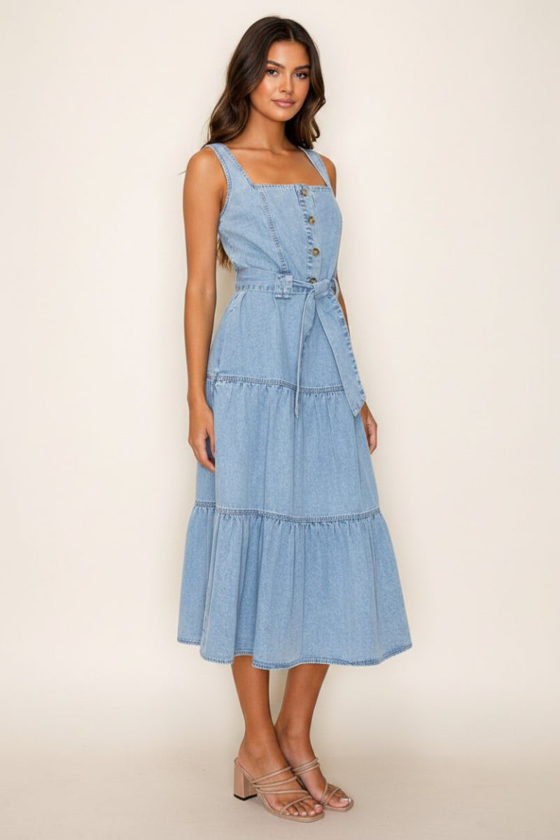 WAIST TIE SQUARE NECK DENIM MIDI DRESS-WBD90762XL
