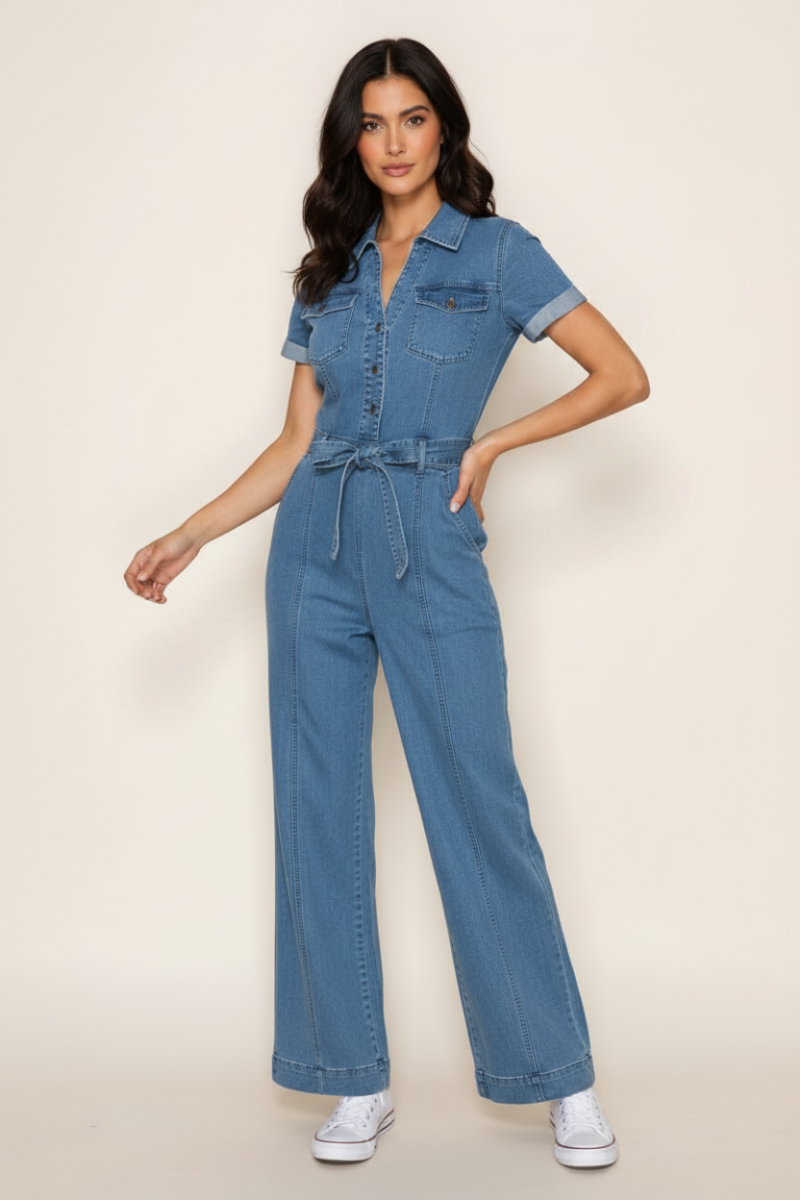 SHORT SLEEVE SOLID DENIM JUMPSUIT