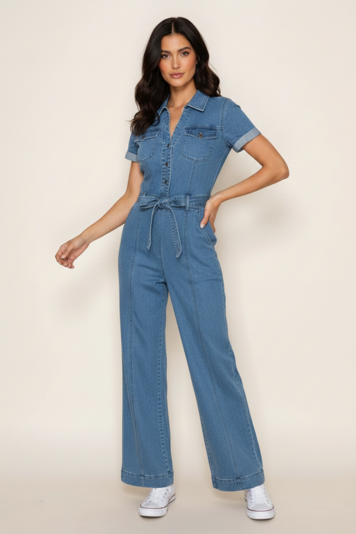SHORT SLEEVE SOLID DENIM JUMPSUIT