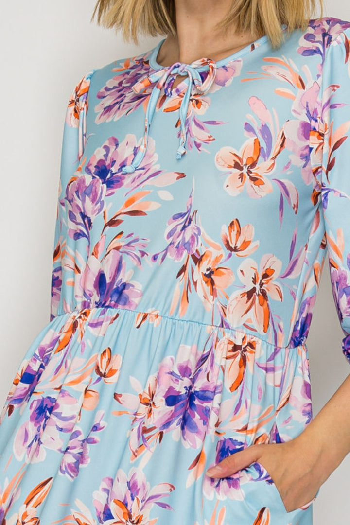 FLORAL ELASTIC CUFF 3/4 SLEEVES TIERED MIDI DRESS-SHVL6094-B
