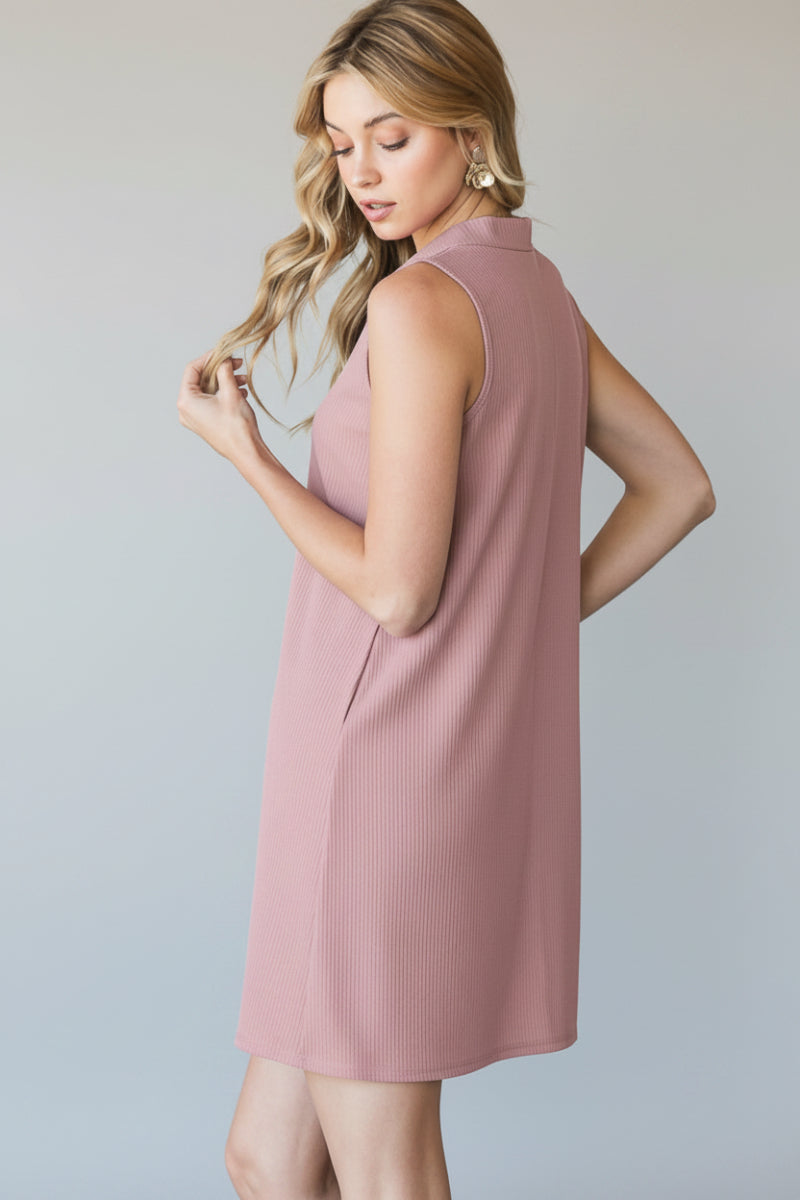 SLEEVELESS COLLAR SOLID RIBBED MINI DRESS-HMED6703-10