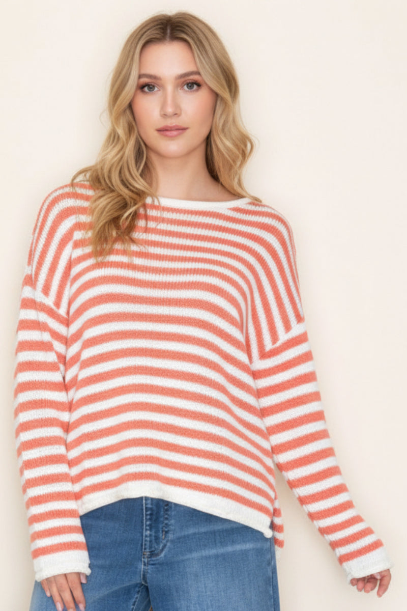 STRIPE ROUND NECK LONG SLEEVE KNIT TOP-WBT10601XL