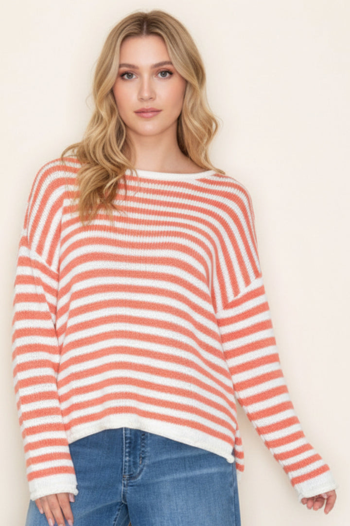 STRIPE ROUND NECK LONG SLEEVE KNIT TOP-WBT10601XL