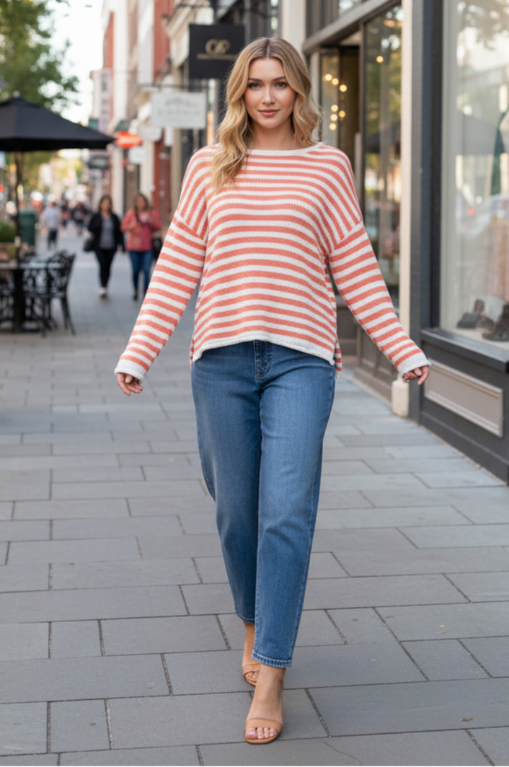 STRIPE ROUND NECK LONG SLEEVE KNIT TOP-WBT10601XL