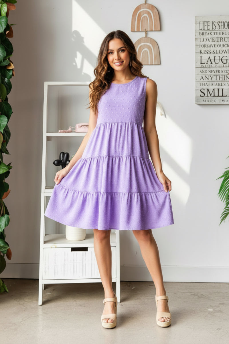 PLUS SIZE ROUND NECK SOLID SWISS DOT TIERED MINI DRESS-HMED6840-10