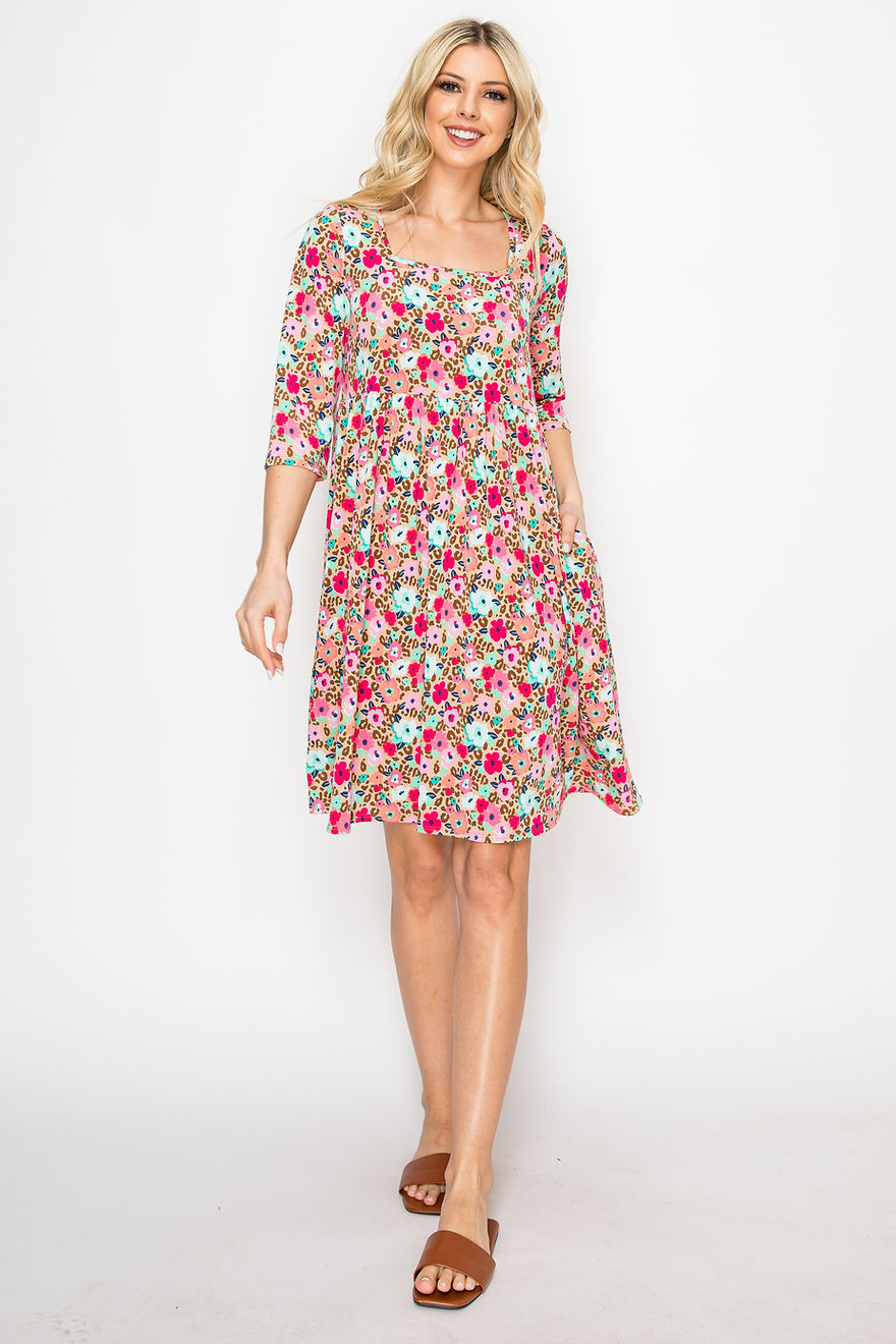 MULTI PRINT SQUARE-NECK DRESS WITH SIDE POCKETS