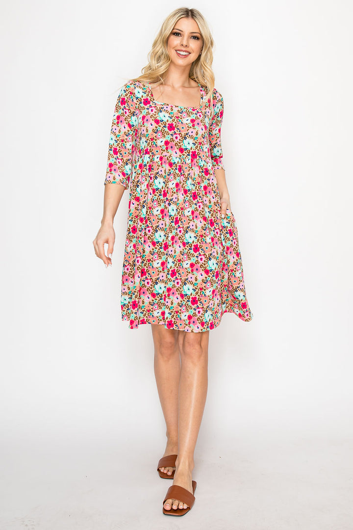 MULTI PRINT SQUARE-NECK DRESS WITH SIDE POCKETS
