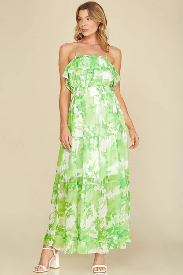 BLUE FLORAL RUFFLED TUBE W/ BACK STRAP WOVEN MAXI DRESS