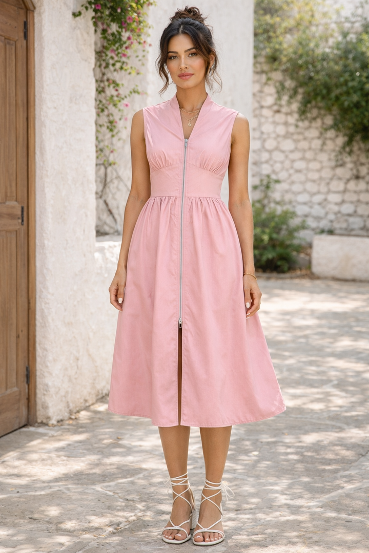 SLEEVELESS WOVEN ZIP UP MIDI DRESS-AVM51341