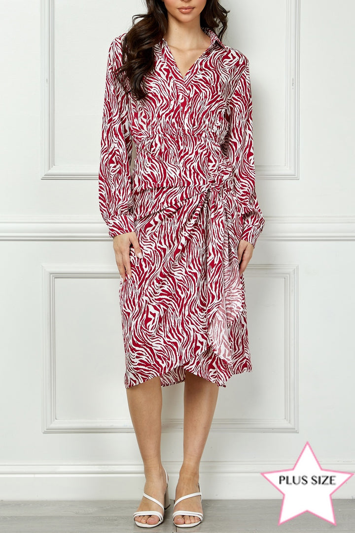 LONG SLEEVE PLUS SIZE DRESS WITH FAUX WRAP