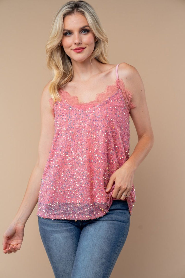 SLEEVELESS SEQUIN TOP WITH V-NECK FEATURING LACE