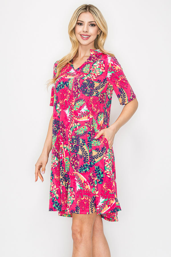 TROPICAL PRINT SWING SHORT SLEEVE PLUS SIZE MINI DRESS-SHVC5086ES
