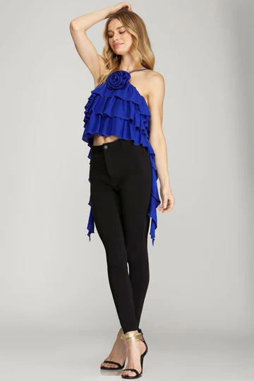 BLACK HALTER ROSETTE RUFFLED DETAILED WOVEN TOP SKSY6697