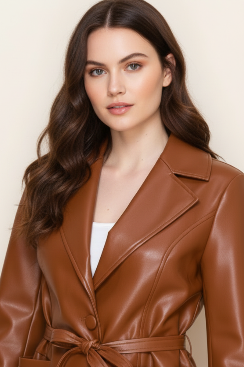 LONG SLEEVE WAIST TIE LEATHER JACKT-WBT11135XL