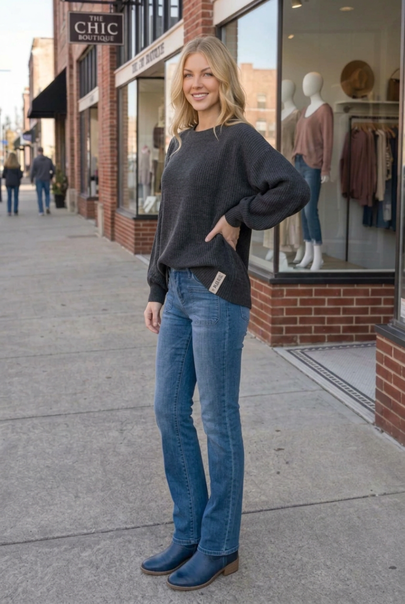 LONG SLEEVE ROUND NECK SOLID URBAN RIBBED TOP HMET7690-10