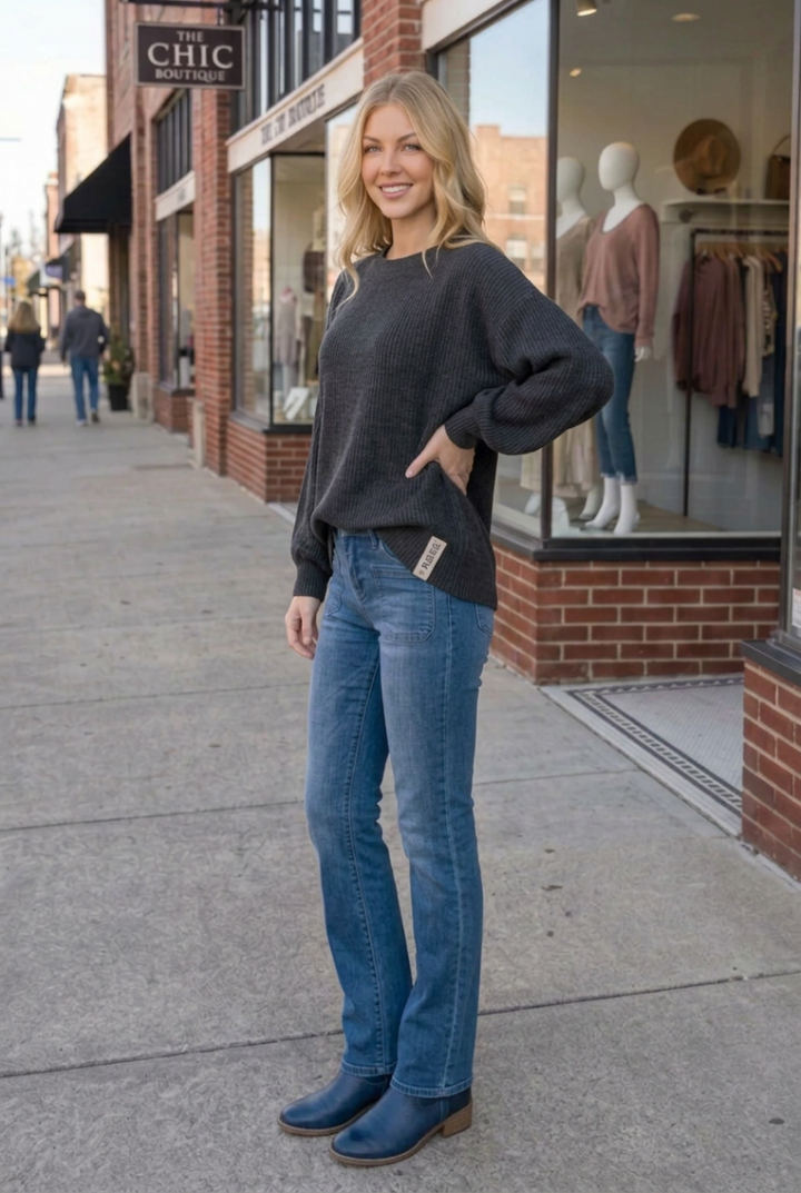 LONG SLEEVE ROUND NECK SOLID URBAN RIBBED TOP HMET7690-10