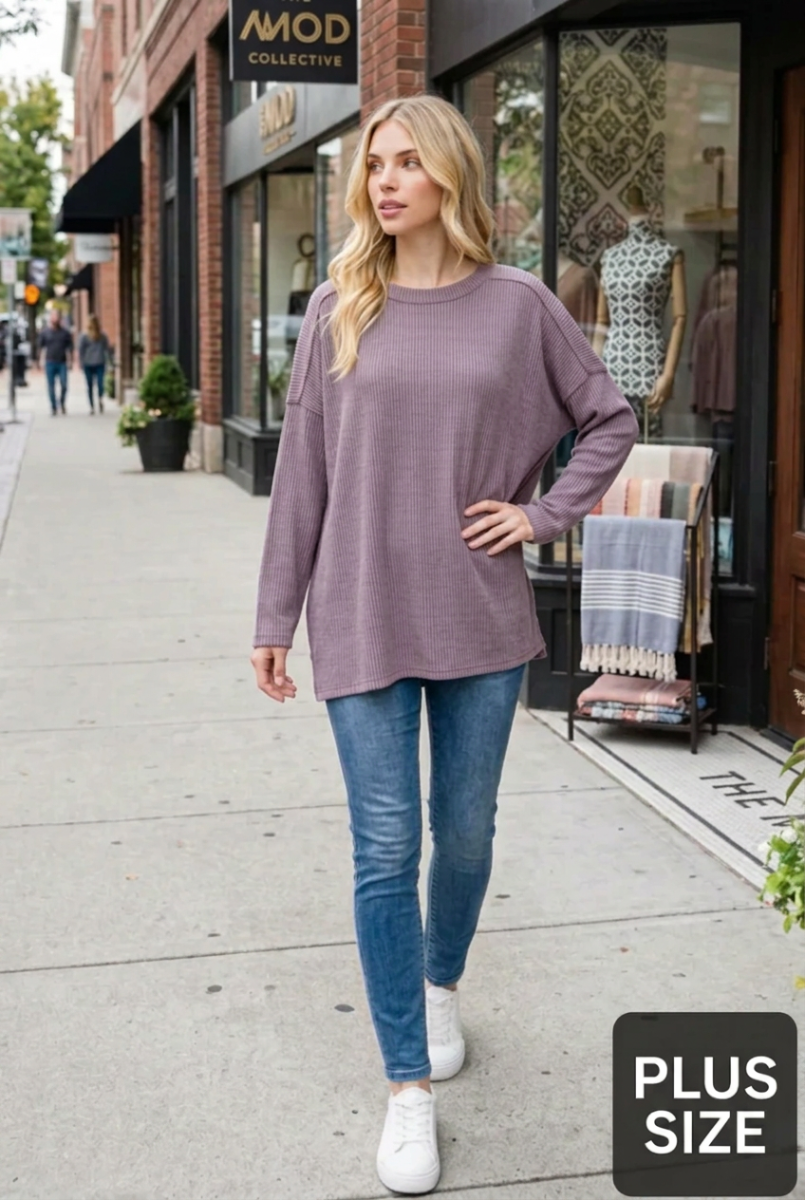 LONG SLEEVE ROUND NECK SOLID URBAN RIBBED TOP HMET7690-10