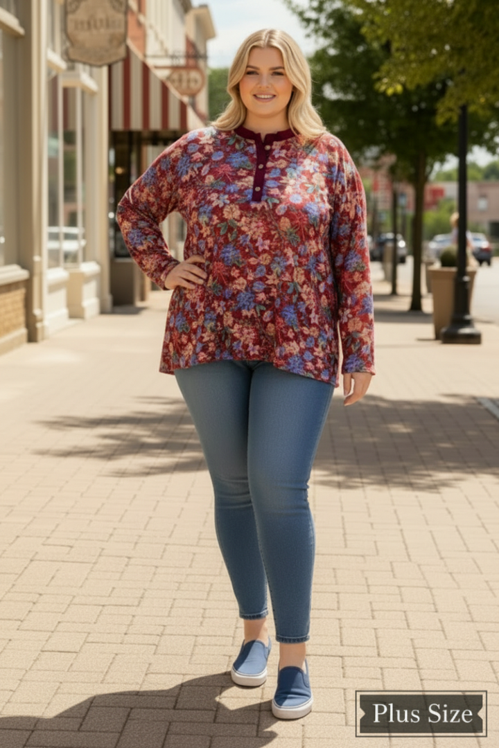 MANDARIN COLLAR FLORAL PRINT PLUS SIZE TOP T7538-
