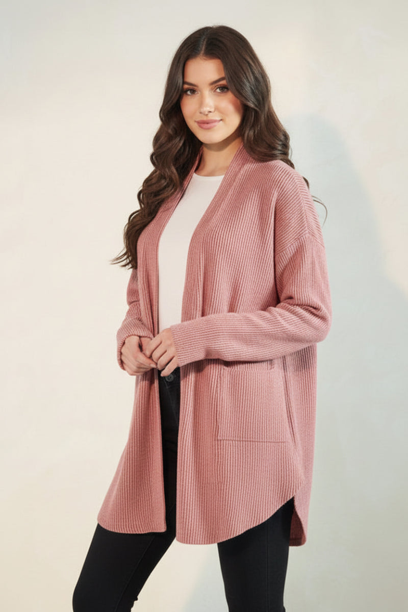 LONG SLEEVE SOLID BRUSHED URBAN RIBBED OPEN CARDIGAN-HMEJ6782-18