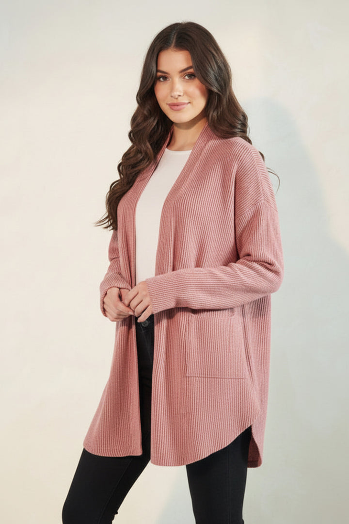 LONG SLEEVE SOLID BRUSHED URBAN RIBBED OPEN CARDIGAN-HMEJ6782-18