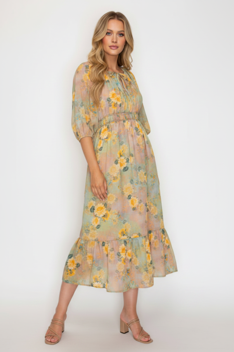 PLUS SIZE FLORAL MIDI DRESS WITH SQUARE NECK-SHD1027