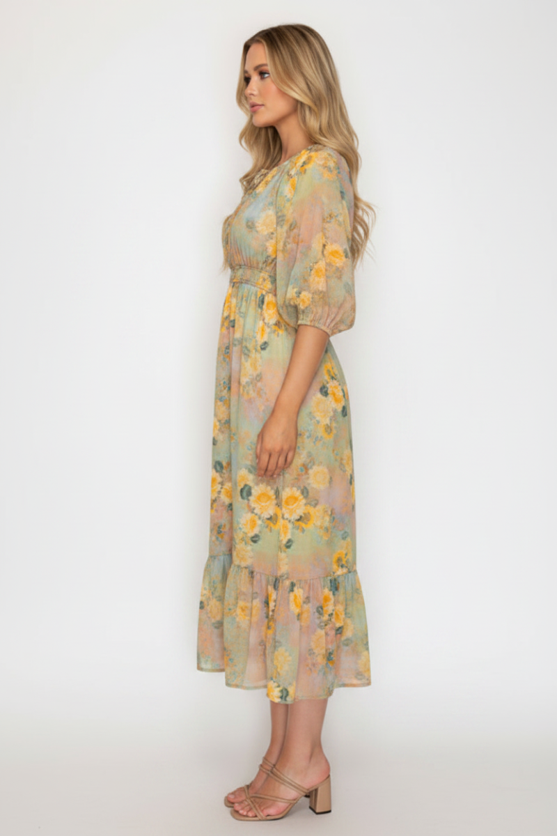 PLUS SIZE FLORAL MIDI DRESS WITH SQUARE NECK-SHD1027