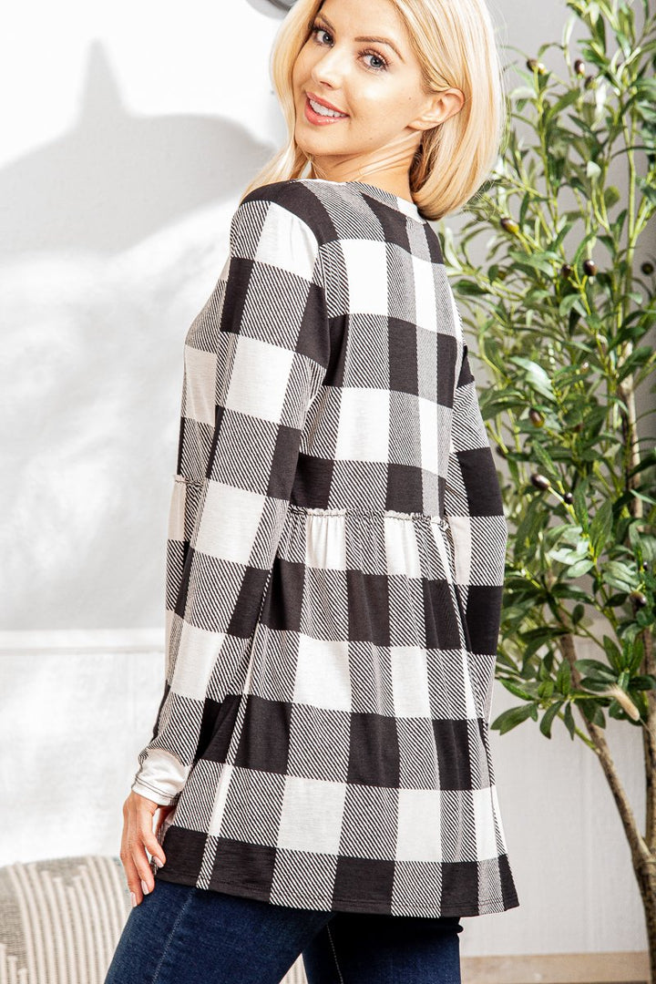 LONG SLEEVE V NECK PLAID PRINT TOP WITH RUFFLED DETAIL