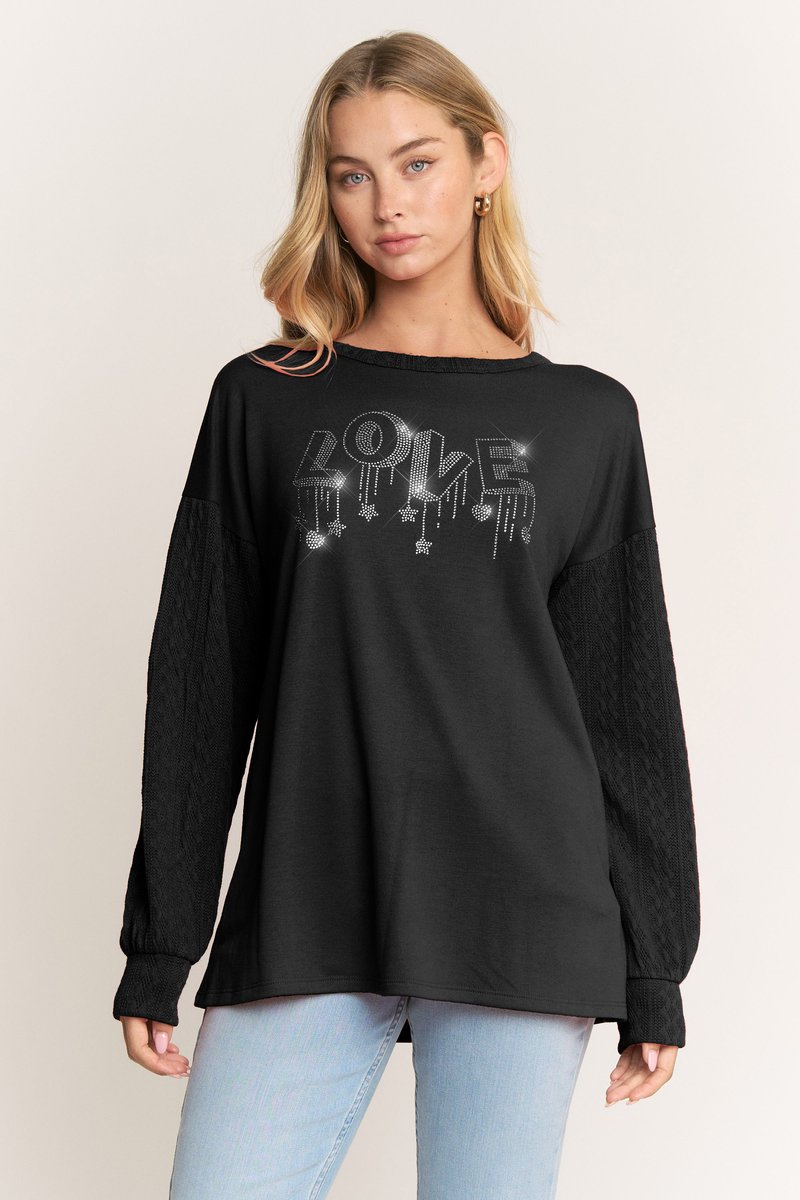 PLUS SIZE ROUND NECK SOLID TOP WITH HEART RHINESTONE HMET7706