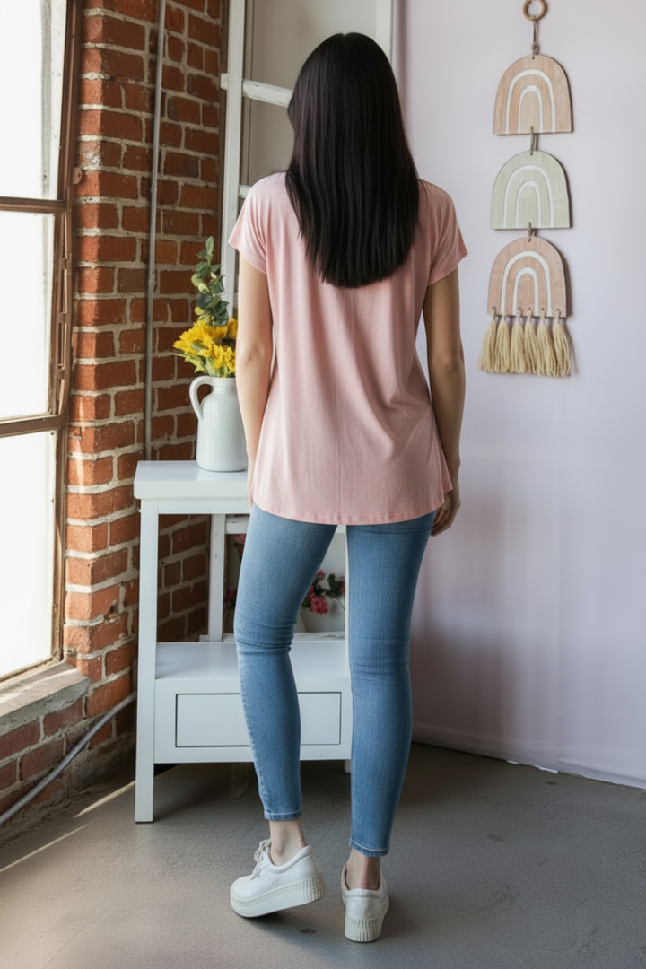 SHORT SLEEVE BASIC MANDARIN COLLAR NECK SOLID TOP-HMET7033S