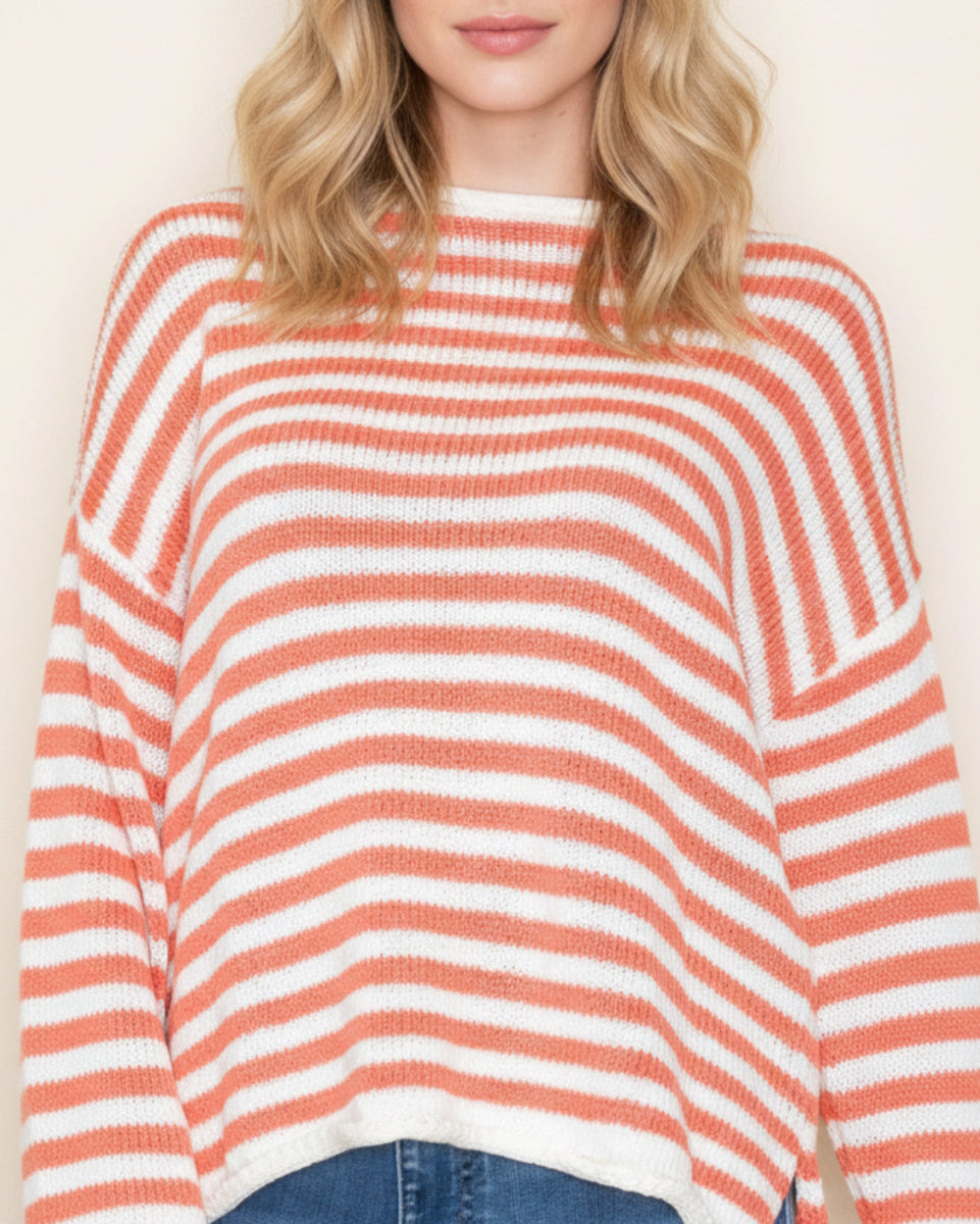 STRIPE ROUND NECK LONG SLEEVE KNIT TOP-WBT10601XL
