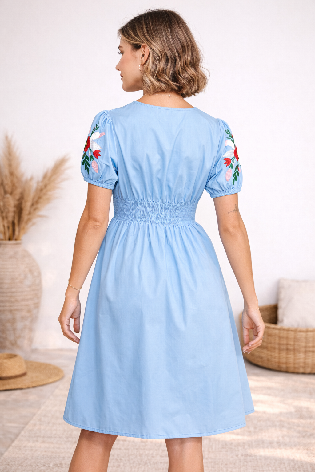 MIDI BUTTON DOWN DRESS WITH EMBROIDERED SLEEVES