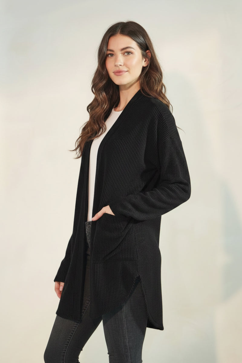 LONG SLEEVE SOLID BRUSHED URBAN RIBBED OPEN CARDIGAN-HMEJ6782-18