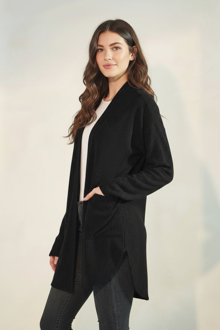 LONG SLEEVE SOLID BRUSHED URBAN RIBBED OPEN CARDIGAN-HMEJ6782-18