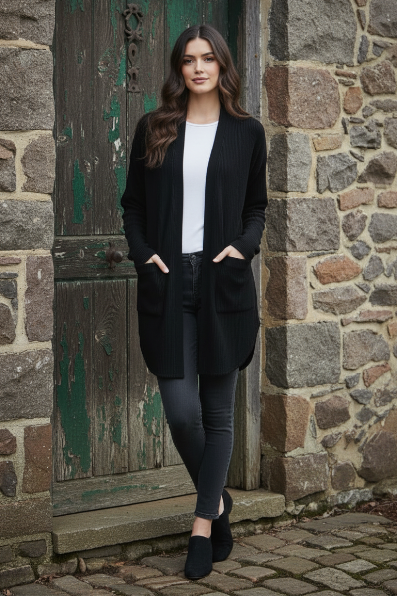 LONG SLEEVE SOLID BRUSHED URBAN RIBBED OPEN CARDIGAN-HMEJ6782-18