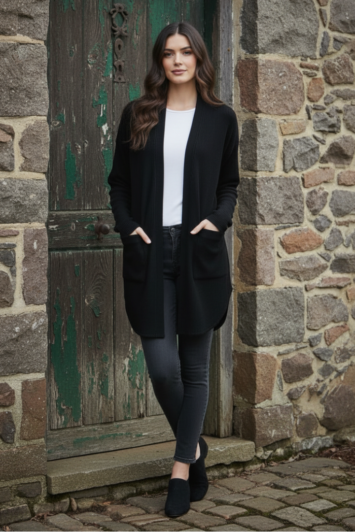 LONG SLEEVE SOLID BRUSHED URBAN RIBBED OPEN CARDIGAN-HMEJ6782-18