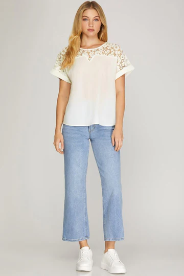 DROP SHOULDER LACE CONTRAST WOVEN TOP