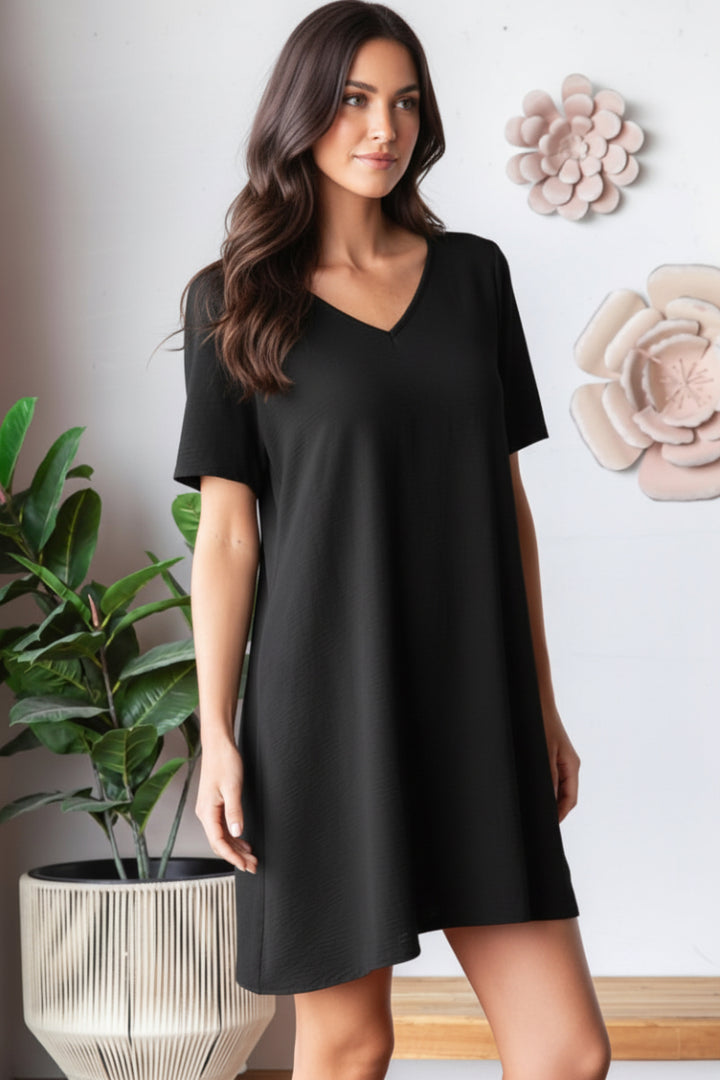 SHORT SLEEVE V NECK SOLID AIRFLOW WOVEN DRESS-HMED6880