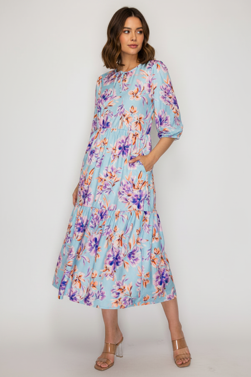 FLORAL ELASTIC CUFF 3/4 SLEEVES TIERED MIDI DRESS-SHVL6094-B