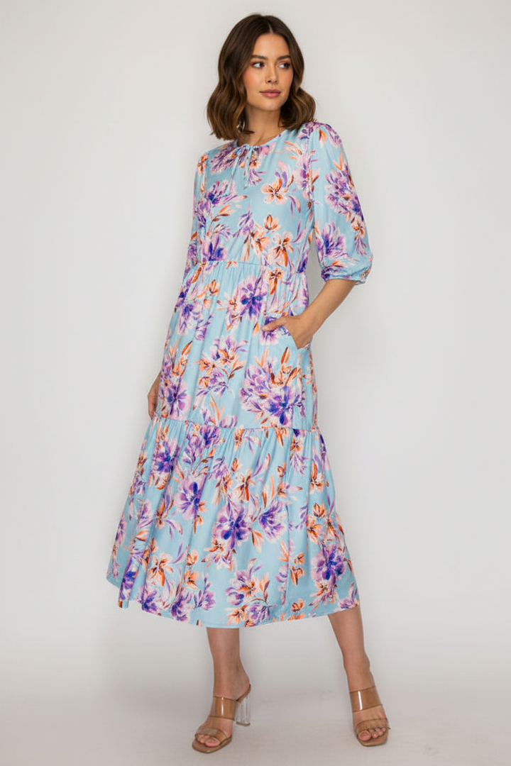 FLORAL ELASTIC CUFF 3/4 SLEEVES TIERED MIDI DRESS-SHVL6094-B