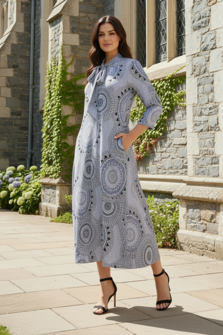 PLUS SIZE TIE-NECK A-LINE MODEST DRESS WITH SIDE POKTES