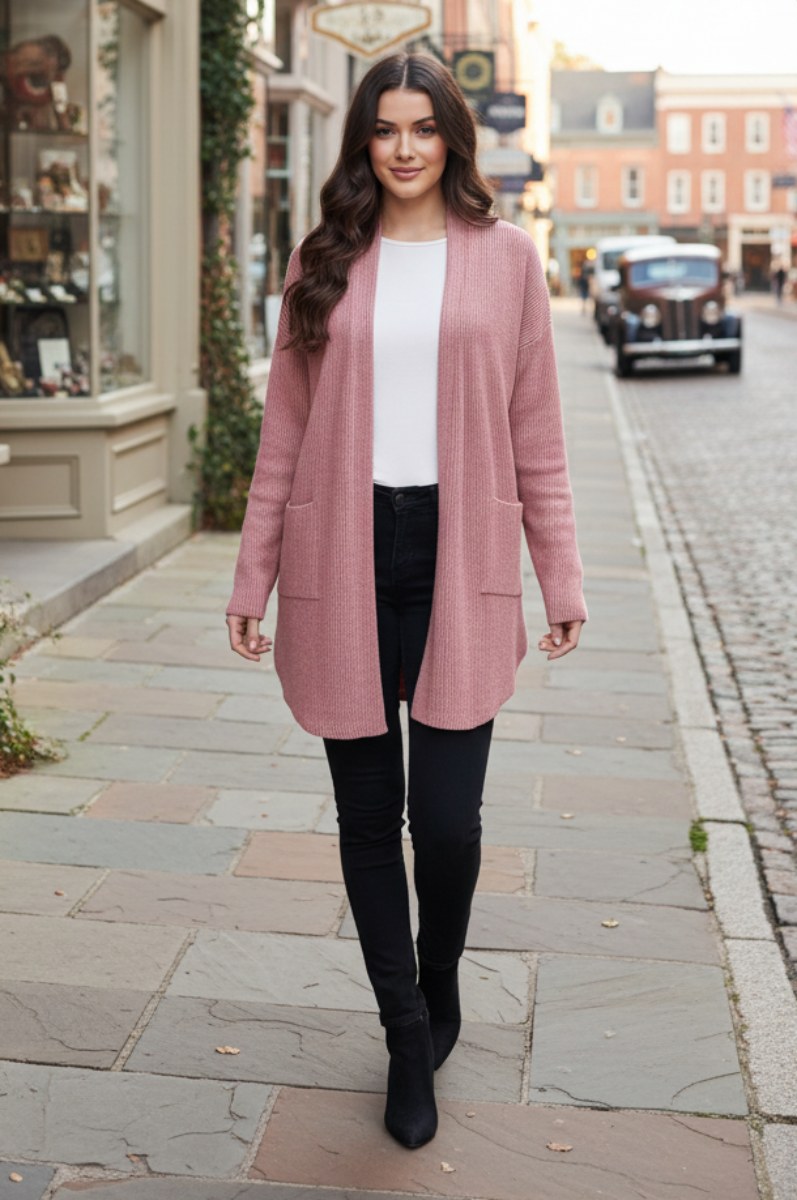 LONG SLEEVE SOLID BRUSHED URBAN RIBBED OPEN CARDIGAN-HMEJ6782-18