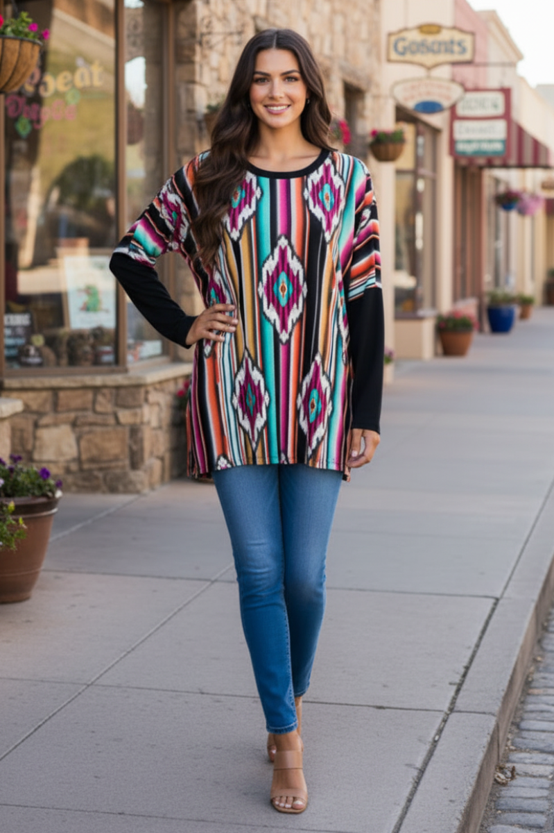 MULTICOLOR AZTEC PRINT LONG SLEEVE TOP HMST2117