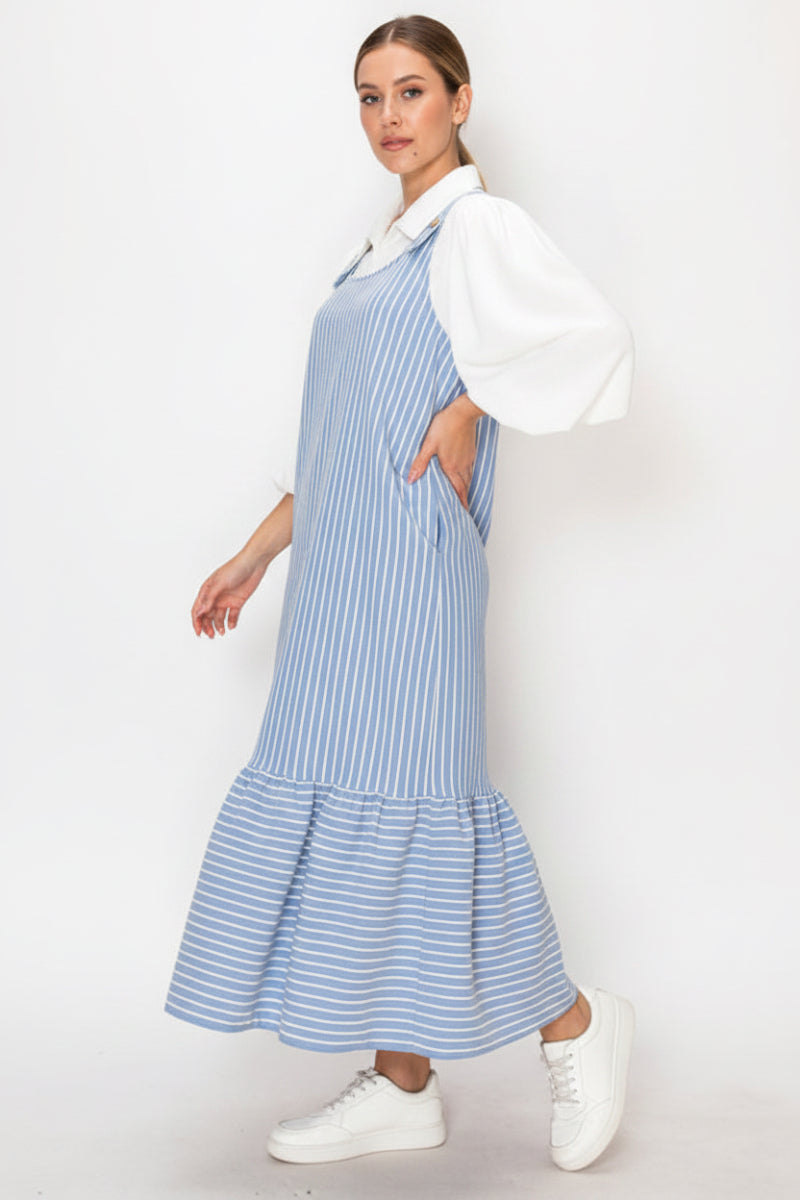 PLUS SIZE LIGHT BLUE AND WHITE VERTICAL STRIPED MIDI JUMPER DRESS-SHVL5867