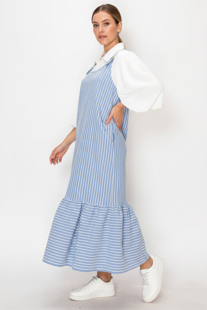 PLUS SIZE LIGHT BLUE AND WHITE VERTICAL STRIPED MIDI JUMPER DRESS-SHVL5867