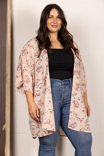 TAUPE SPRING FLORAL OPEN FRONT PLUS SIZE CARDIGAN J7004