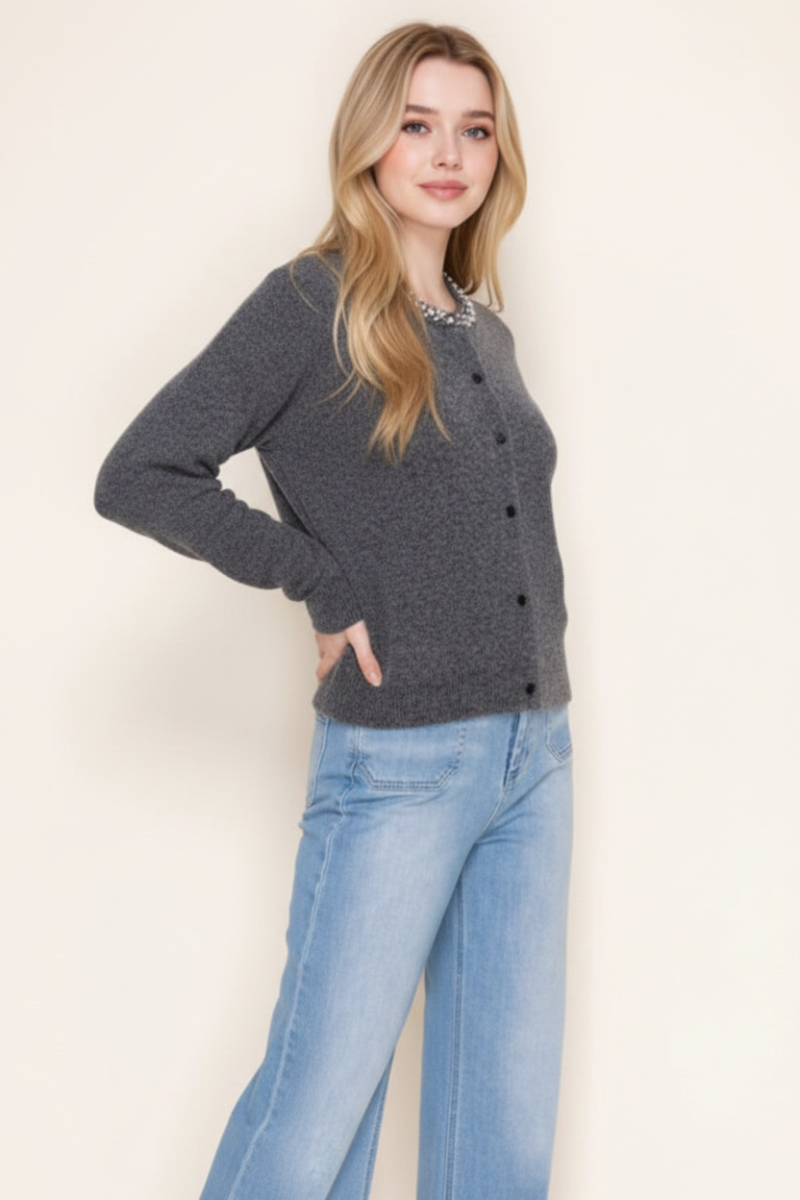 BUTTON DOWN FRONT FEATURING JEWEL NECKLINE TOP-WBT10953XL